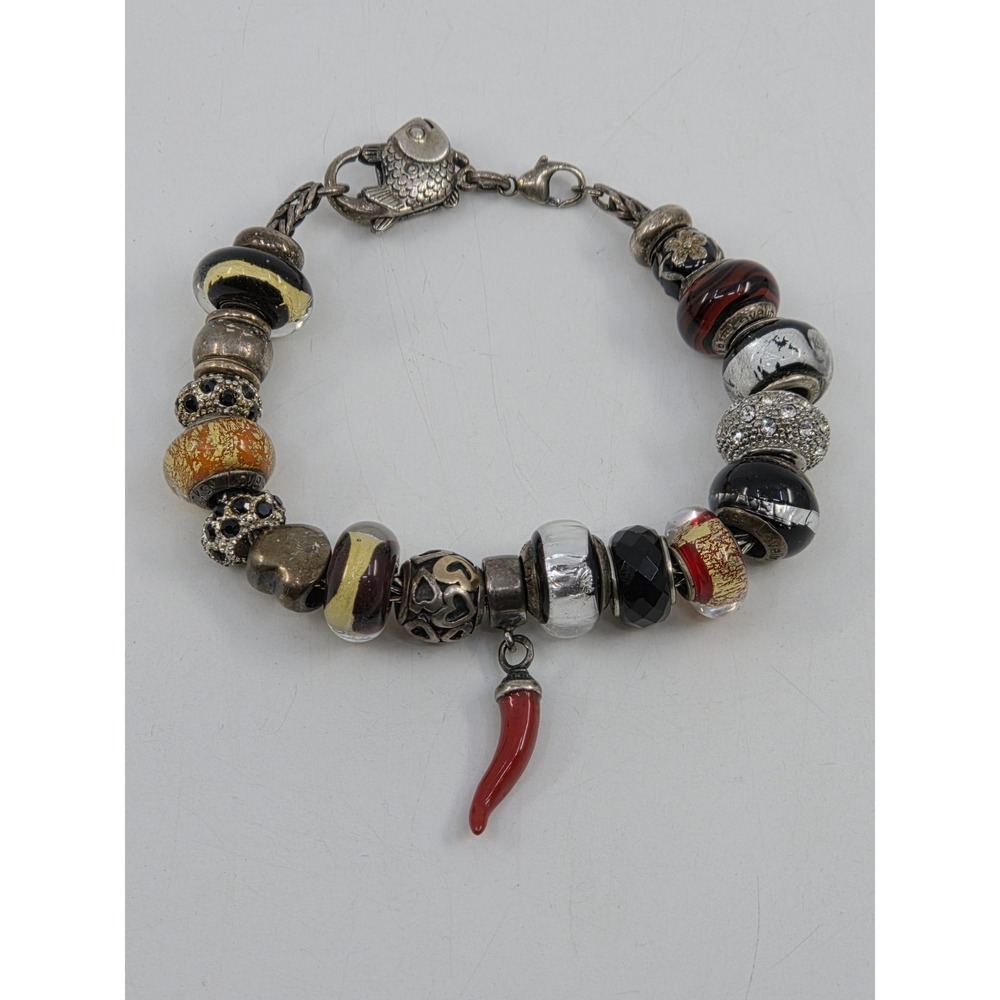 Trollbeads‎ LAA 925 Silver Fish Lock Bracelet Murano Glass Red Cornicello Charm